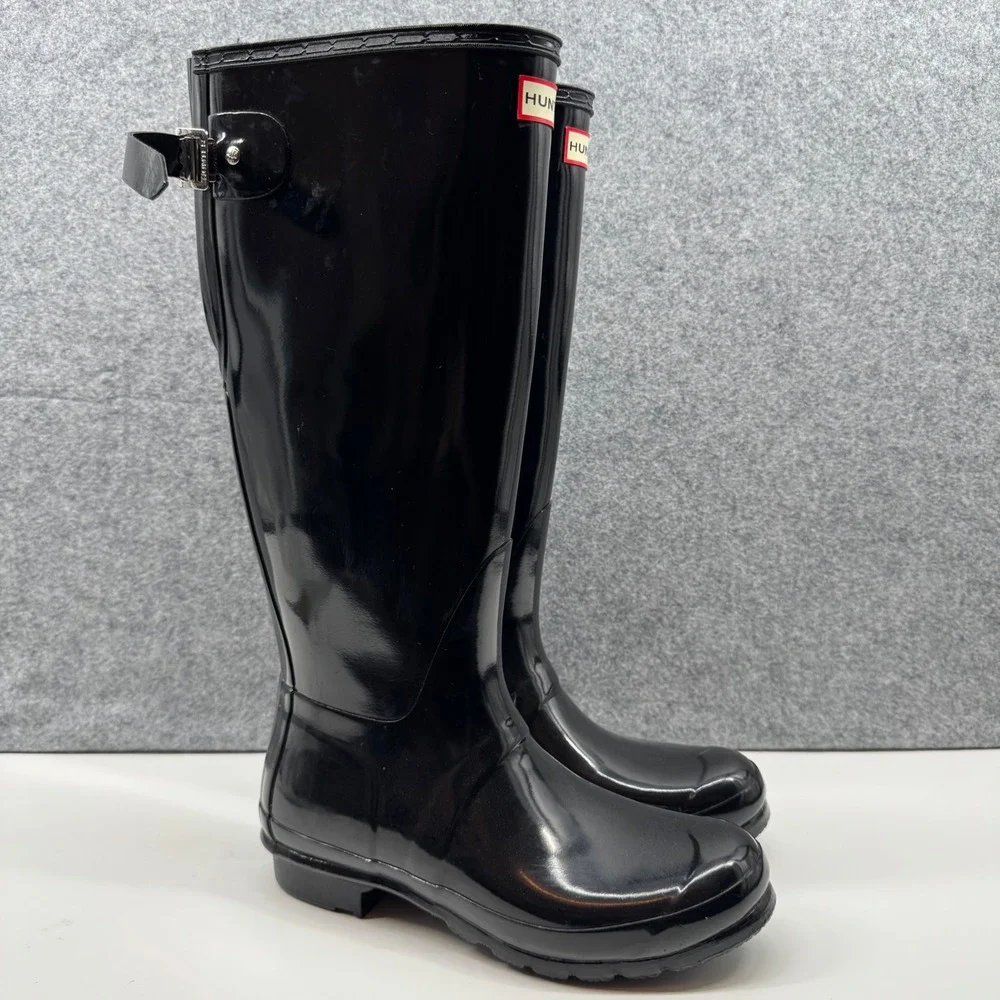 Hunter Original Back Adjust Gloss Rain Boots Womens Size 9 Black Tall WFT1001RGL